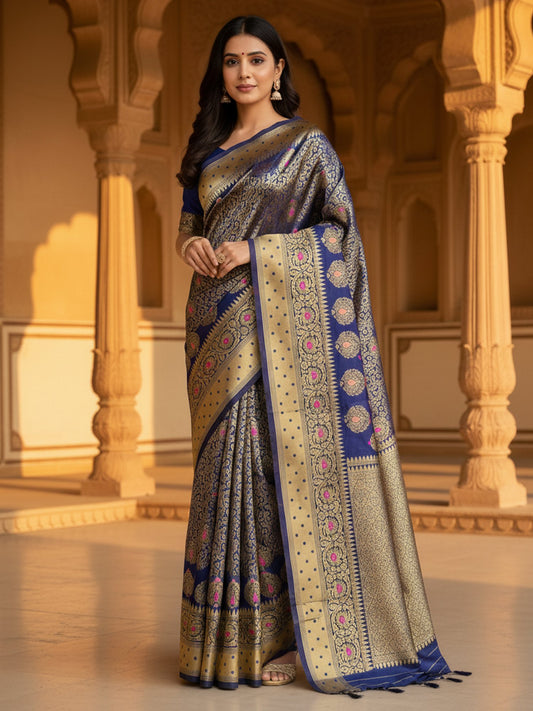 Blue Navy Banarasi Silk Blend Woven Saree