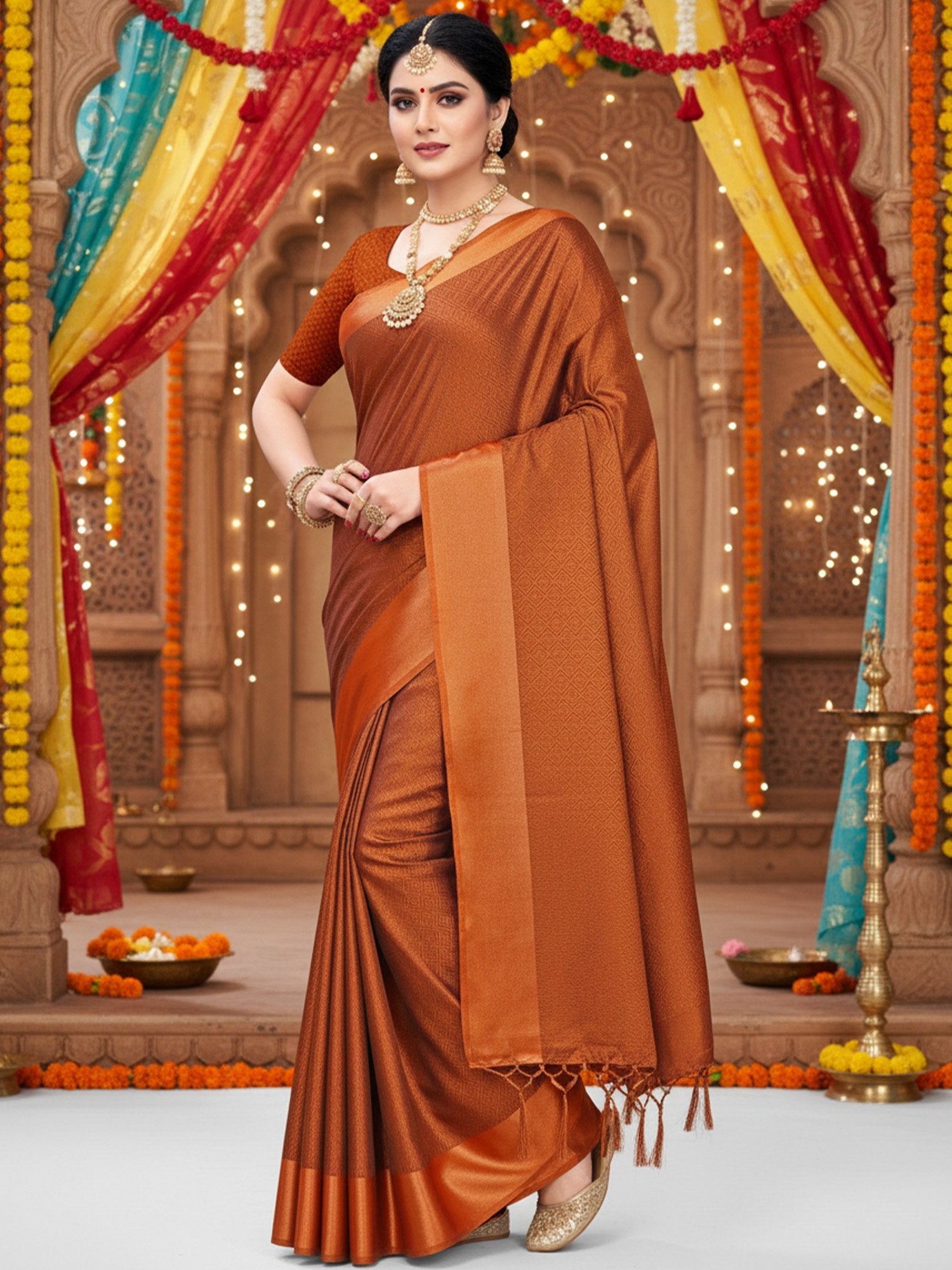 Brown Rust Party Wear Satin  Solid Saree
