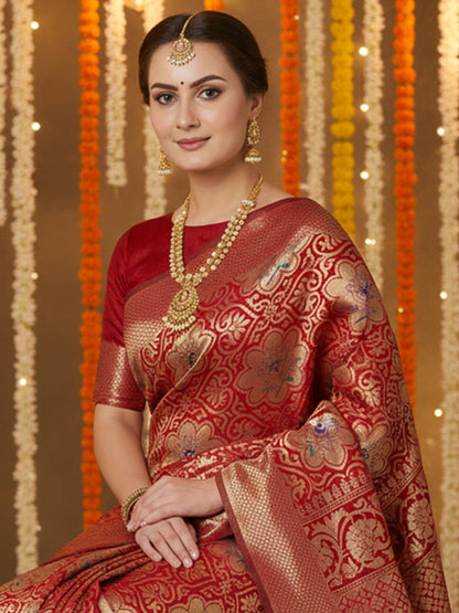 Red Banarasi Silk Blend Woven Saree