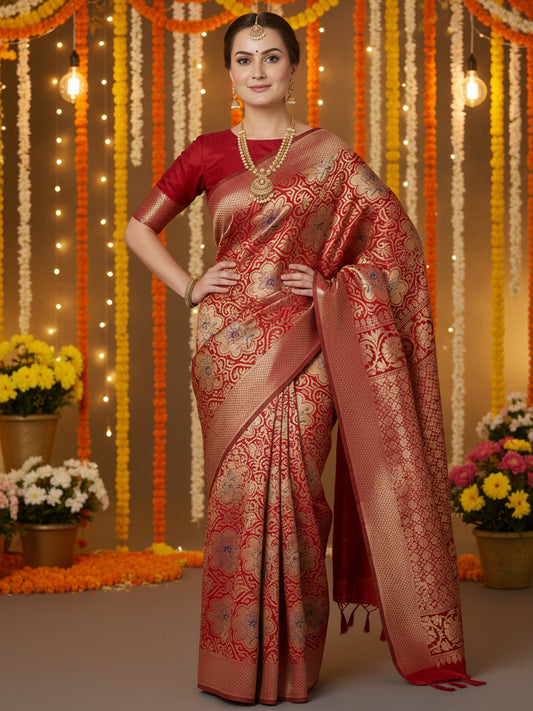 Red Red Banarasi Silk Blend Woven Saree
