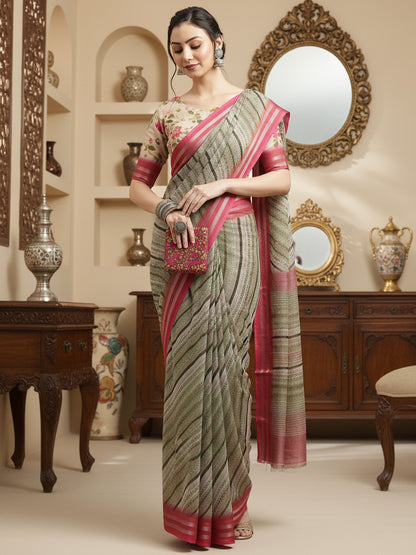 Olive Party Wear Linen Blend Printed Saree