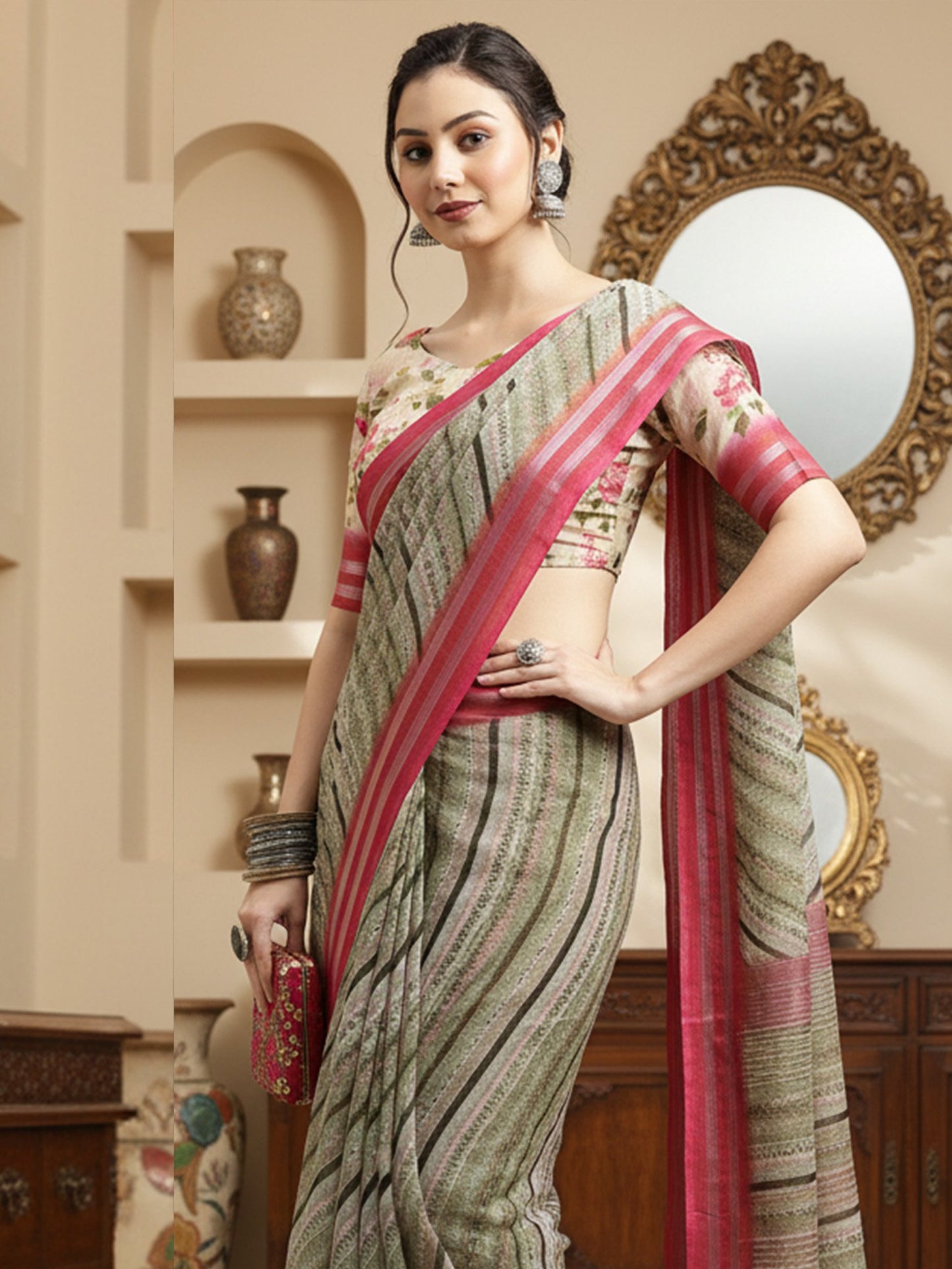 Olive Party Wear Linen Blend Printed Saree