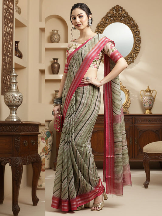 Green Olive Party Wear Linen Blend Printed Saree