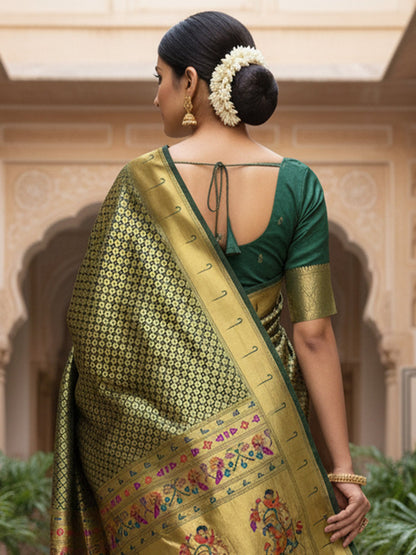 Green Banarasi Silk Blend Woven Saree