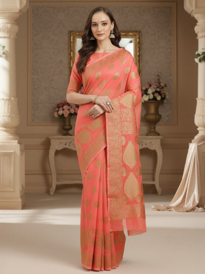 Pink Peach Banarasi Silk Blend Woven Saree