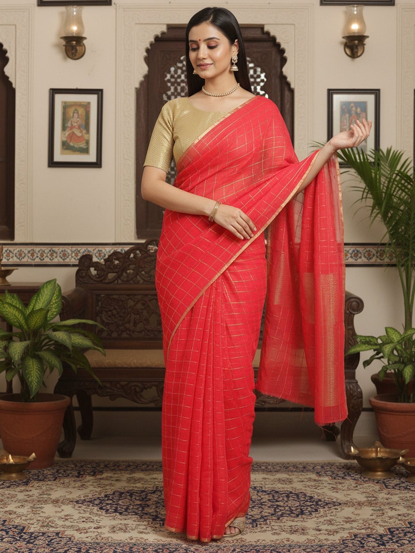 Pink Banarasi Chiffon  Solid Saree