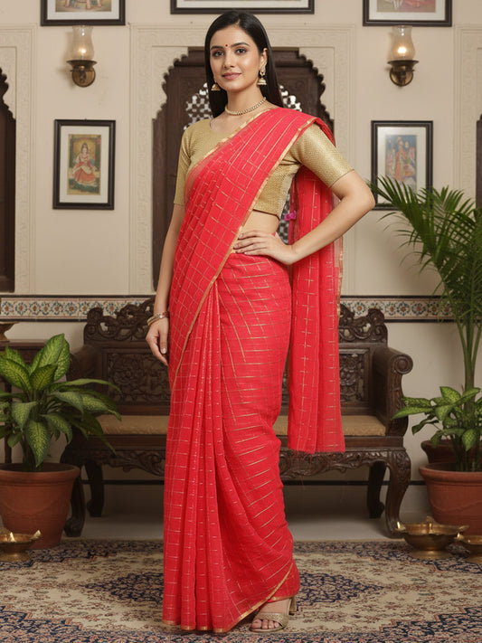 Pink Pink Banarasi Chiffon  Solid Saree