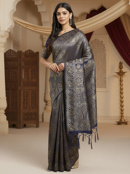 Navy Banarasi Silk Blend Woven Saree