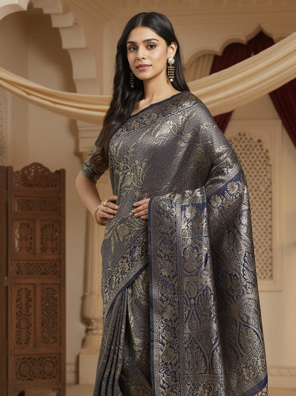 Navy Banarasi Silk Blend Woven Saree
