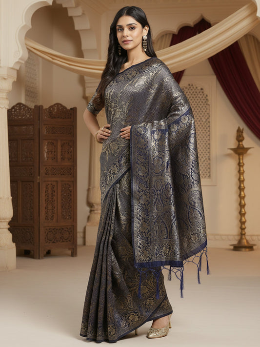 Blue Navy Banarasi Silk Blend Woven Saree