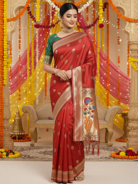 Red Red Banarasi Silk Blend Woven Saree