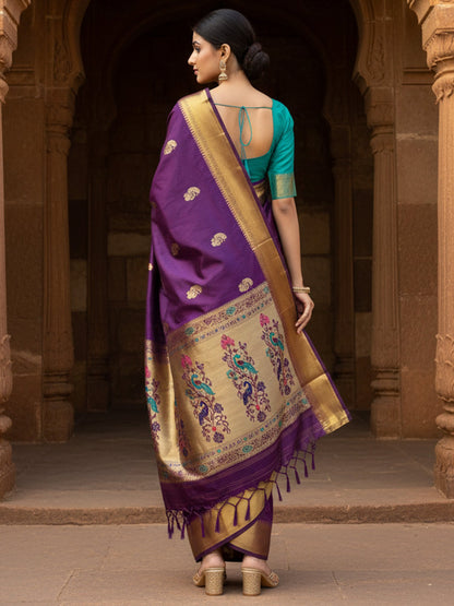 Violet Banarasi Silk Blend Woven Saree