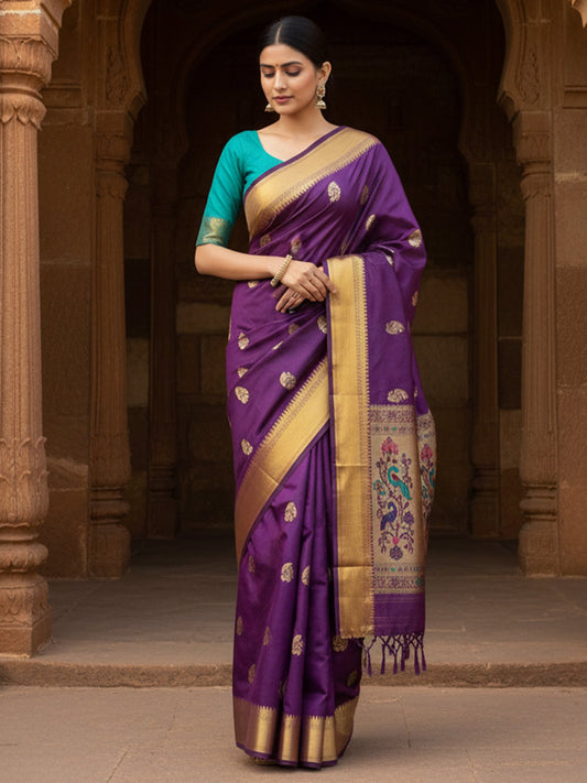 Purple Violet Banarasi Silk Blend Woven Saree