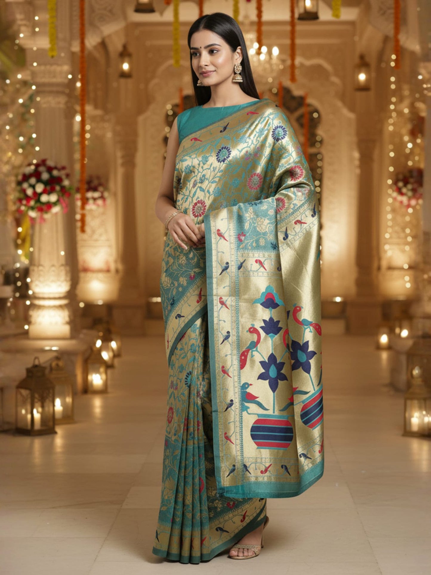 Teal Banarasi Silk Blend Woven Saree