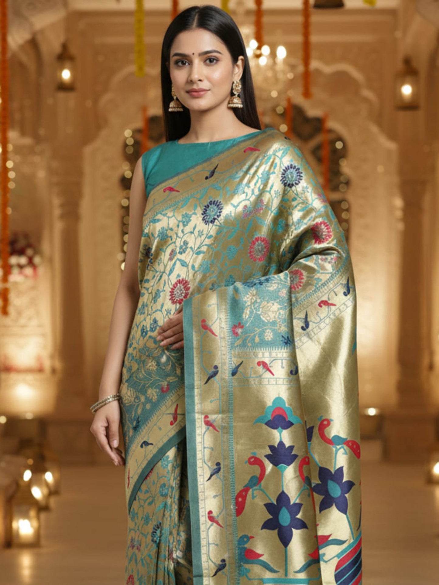 Teal Banarasi Silk Blend Woven Saree