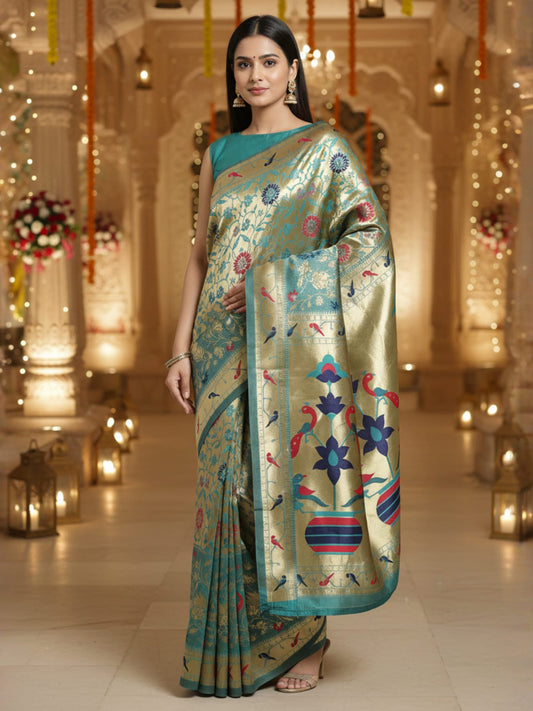 Blue Teal Banarasi Silk Blend Woven Saree