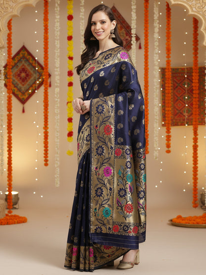 Navy Banarasi Silk Blend Woven Saree