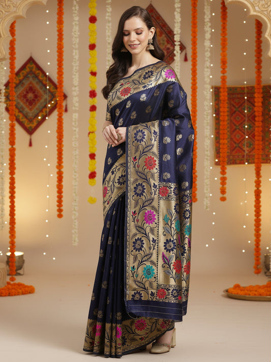 Blue Navy Banarasi Silk Blend Woven Saree