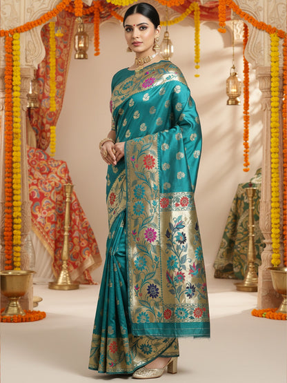 Green Banarasi Silk Blend Woven Saree