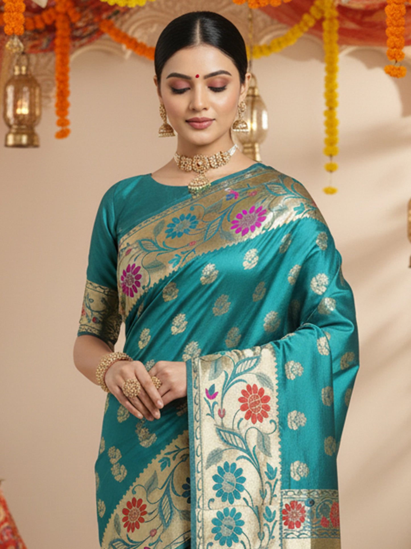 Green Banarasi Silk Blend Woven Saree