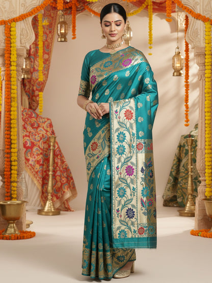 Blue Green Banarasi Silk Blend Woven Saree