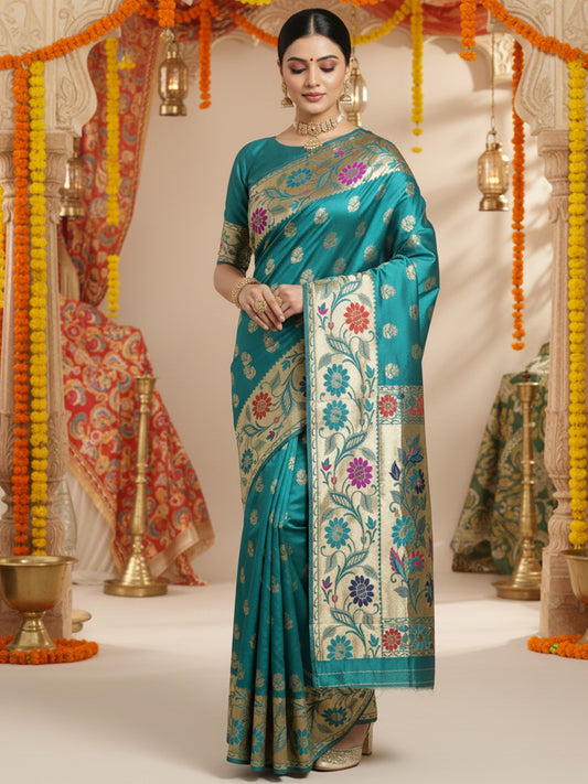 Blue Green Banarasi Silk Blend Woven Saree