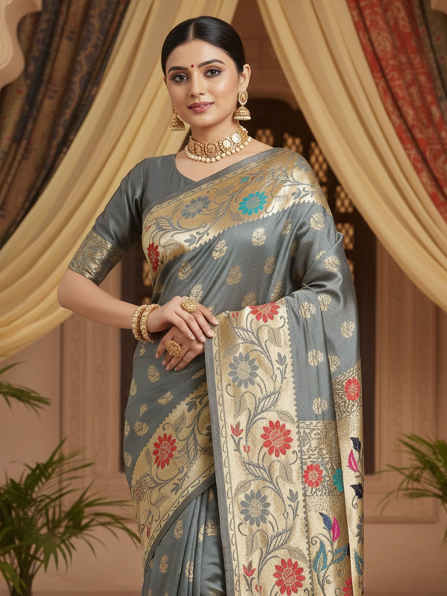 Grey Banarasi Silk Blend Woven Saree