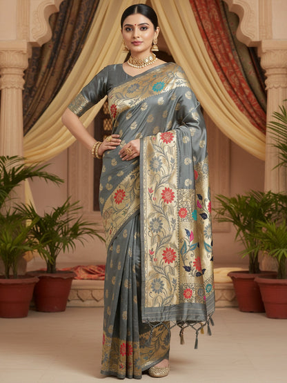 Grey Banarasi Silk Blend Woven Saree