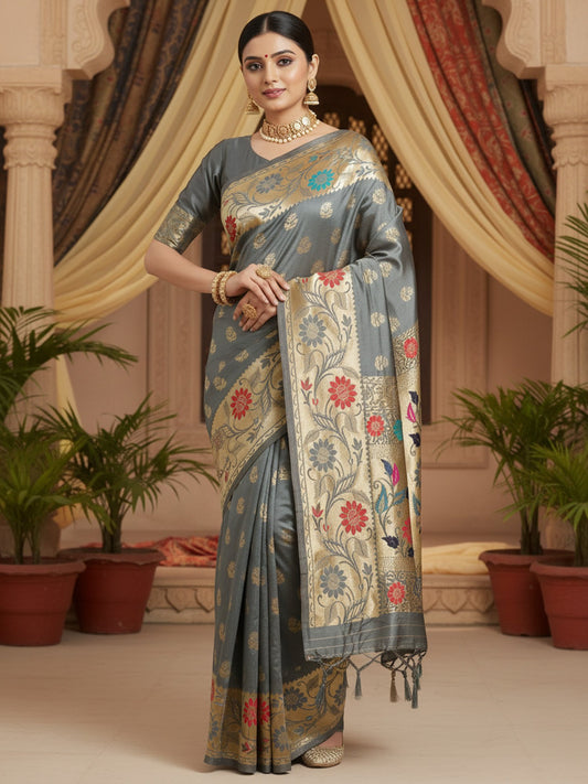 Grey Grey Banarasi Silk Blend Woven Saree