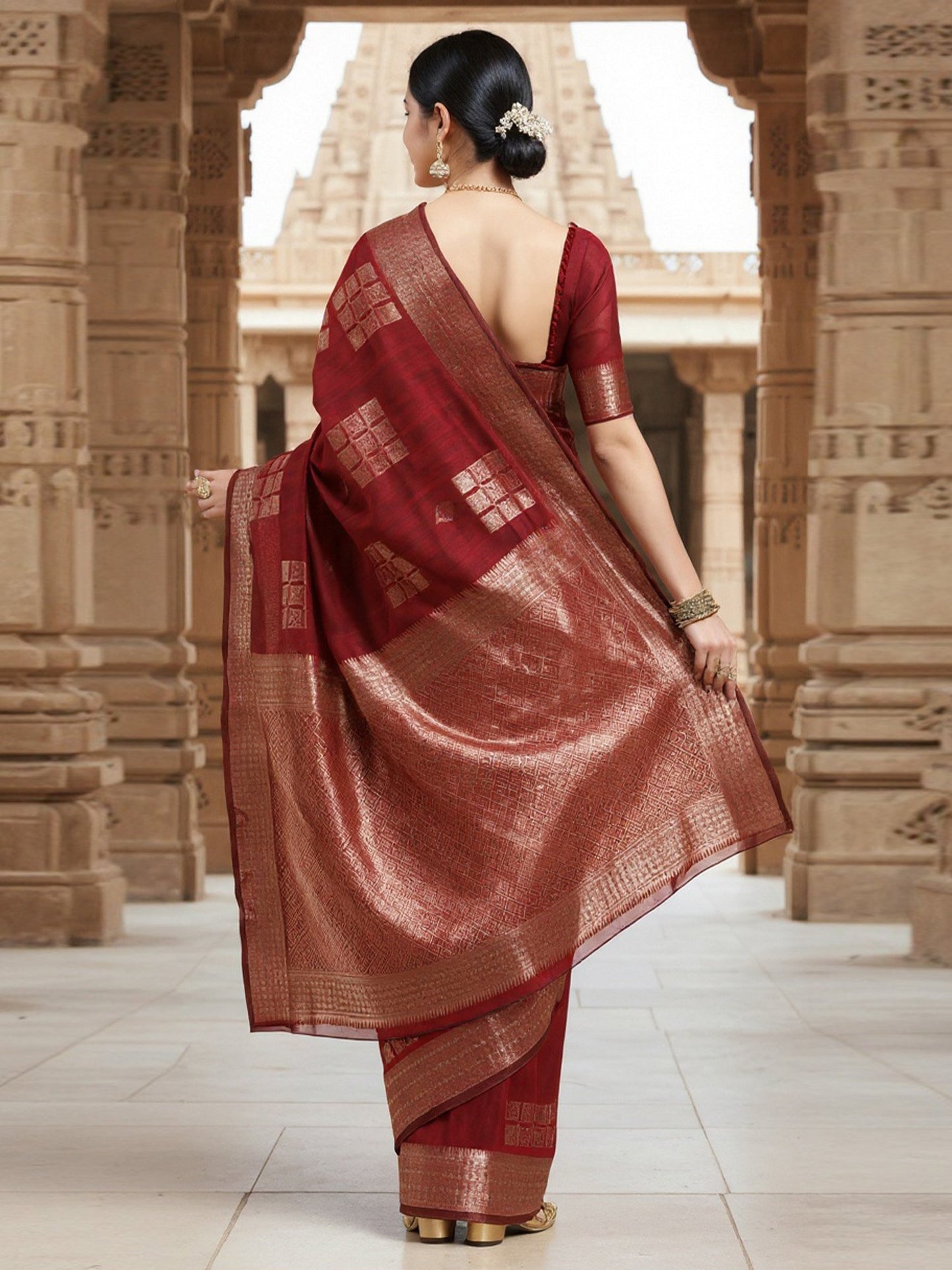 Rust Banarasi Linen Woven Saree
