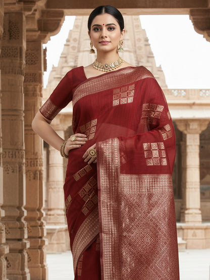 Rust Banarasi Linen Woven Saree
