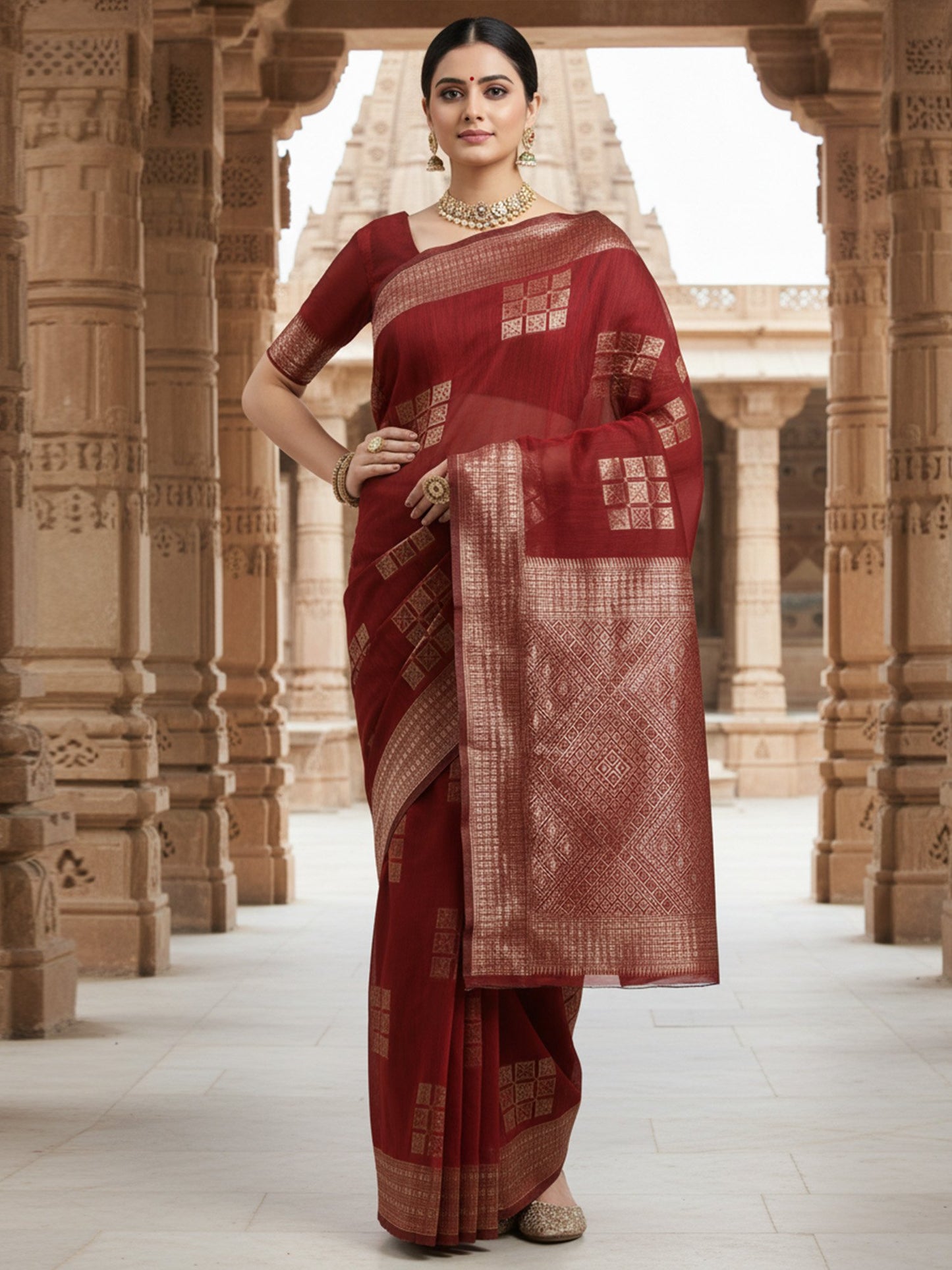 Brown Rust Banarasi Linen Woven Saree