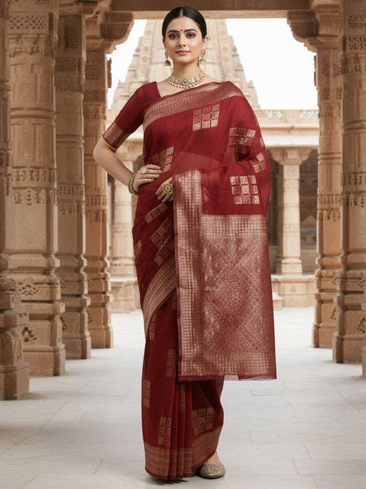Brown Rust Banarasi Linen Woven Saree