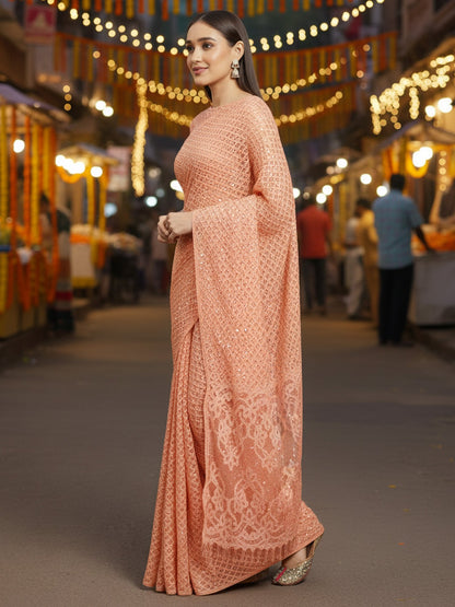Peach Party Wear Net Embellished Saree