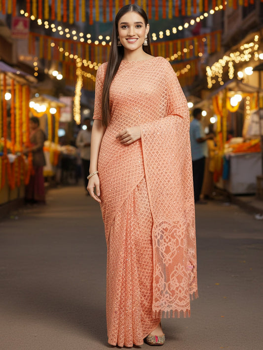 Pink Peach Party Wear Net Embellished Saree