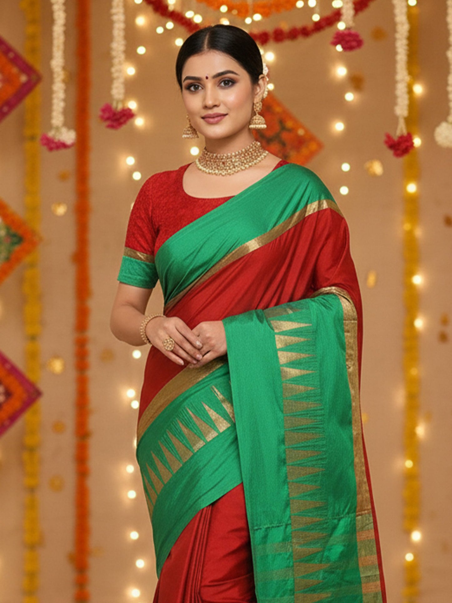 Red Banarasi Cotton BLEND  Solid Saree
