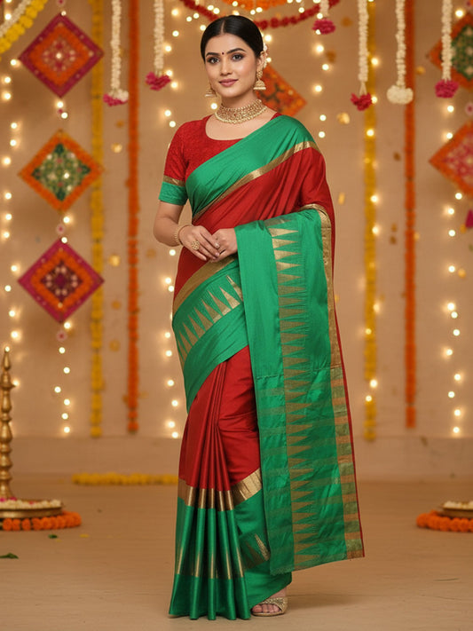 Red Red Banarasi Cotton BLEND  Solid Saree