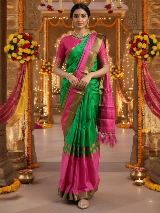 Green Green Banarasi Cotton Blend Woven Saree