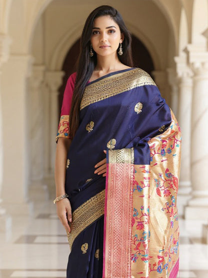 Navy Banarasi Silk Blend Woven Saree