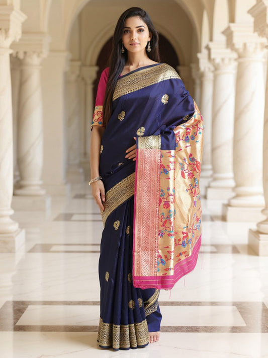 Blue Navy Banarasi Silk Blend Woven Saree