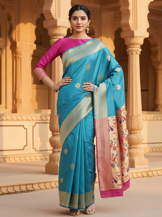 Blue Light Banarasi Silk Blend Woven Saree
