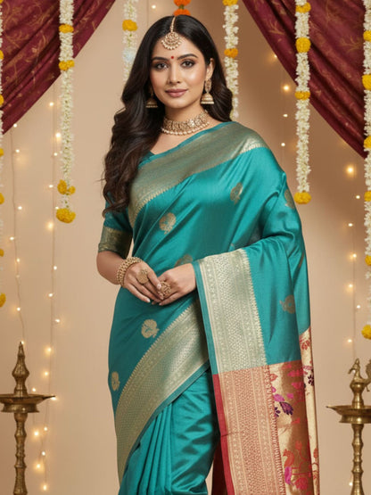 Teal Banarasi Silk Blend Woven Saree