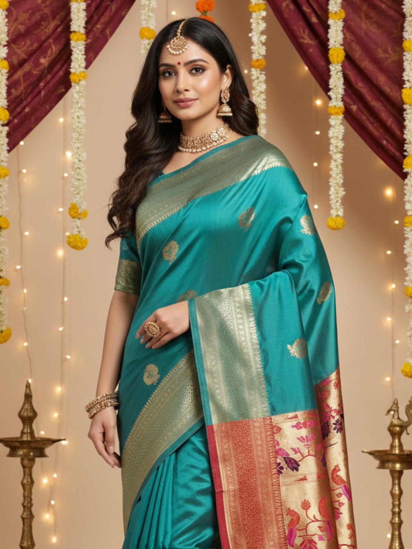 Teal Banarasi Silk Blend Woven Saree