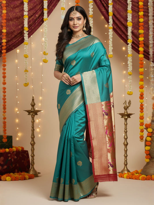 Blue Teal Banarasi Silk Blend Woven Saree