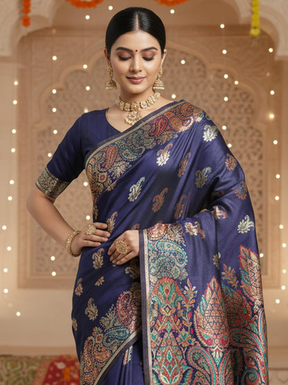Navy Banarasi Silk Blend Woven Saree