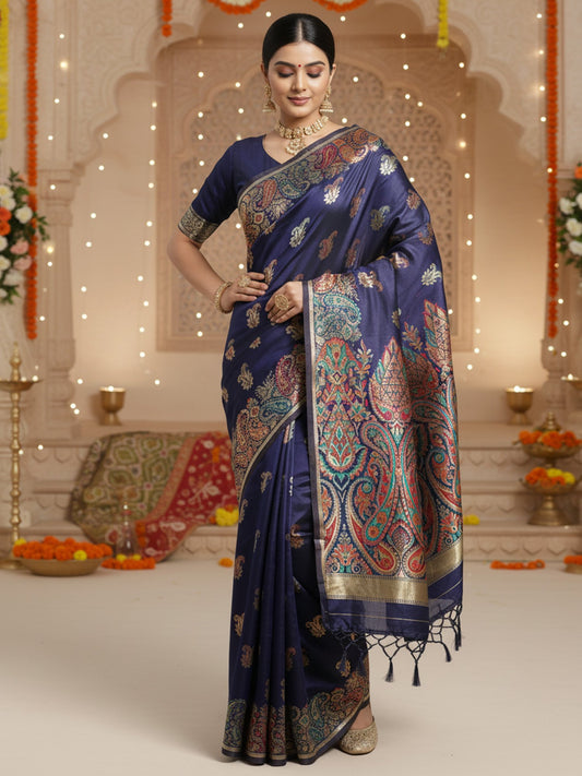 Blue Navy Banarasi Silk Blend Woven Saree