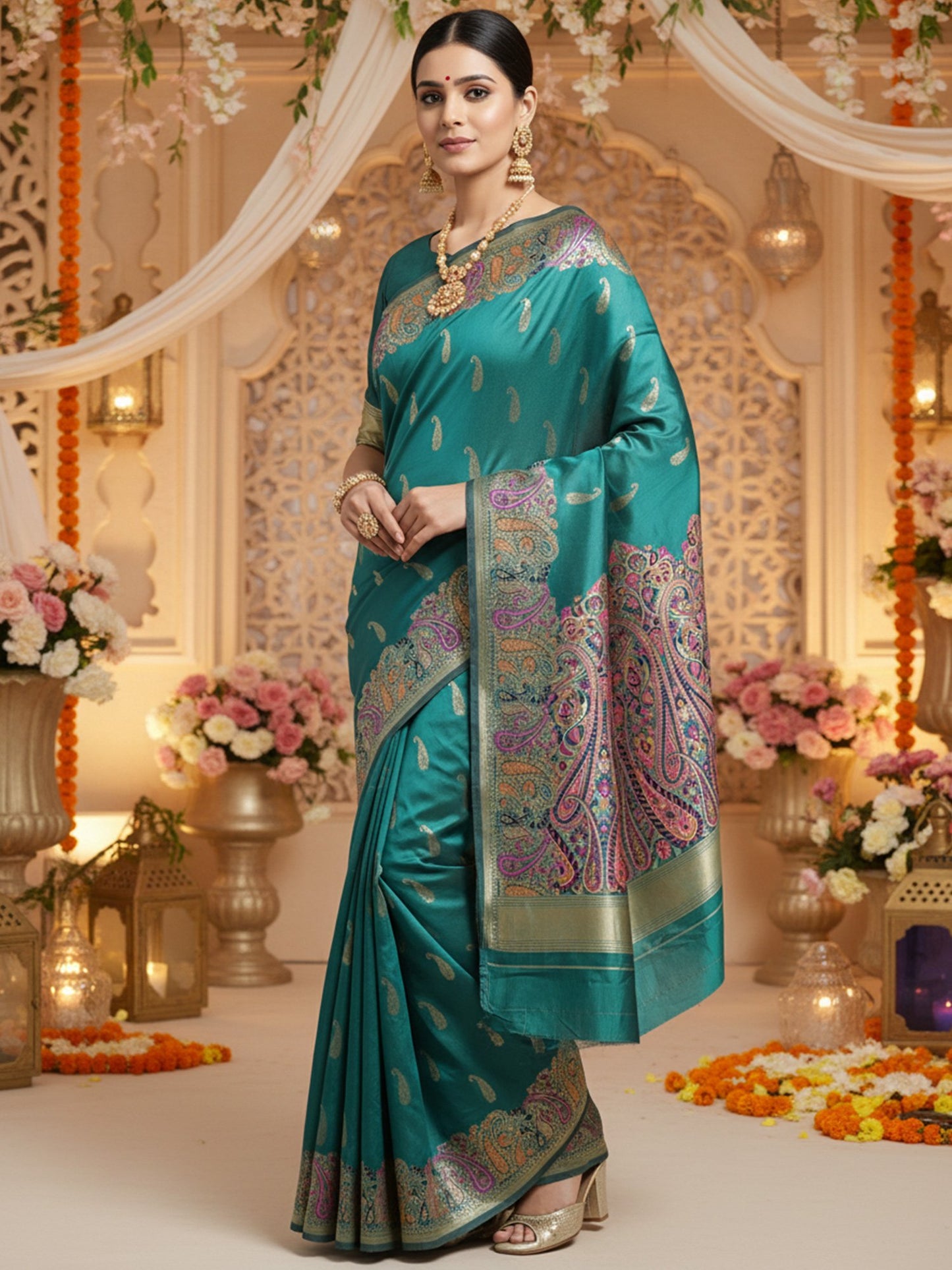 Teal Banarasi Silk Blend Woven Saree