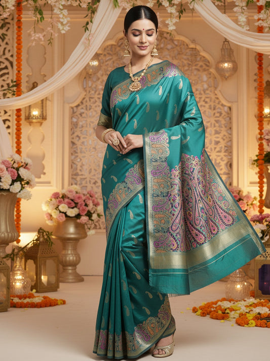 green Teal Banarasi Silk Blend Woven Saree