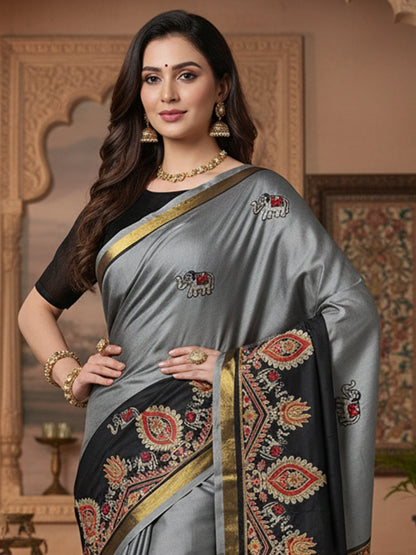 Grey Banarasi Aura Embroidered Saree