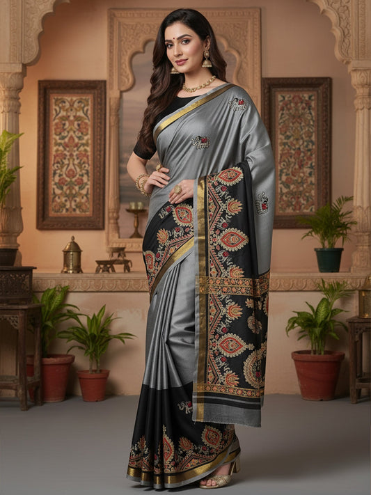Grey Grey Banarasi Aura Embroidered Saree